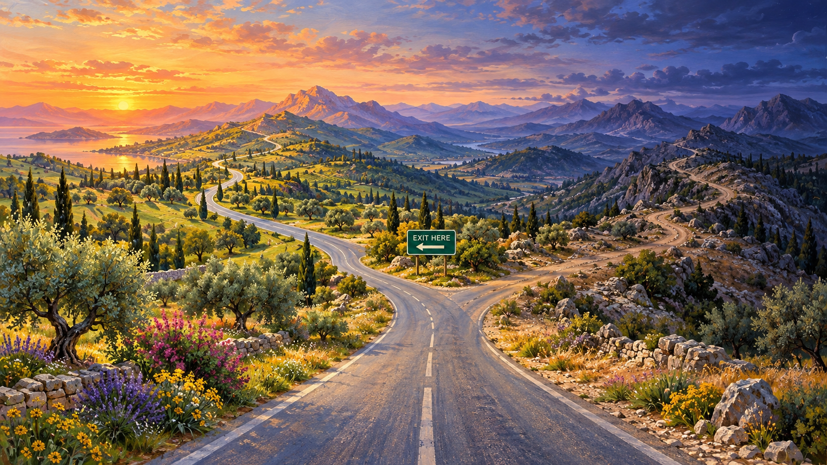 Pastel landscape of a paved road dividing into two mountain routes, with an EXIT HERE sign pointing toward green hills at sunset and a rocky path leading into twilight.